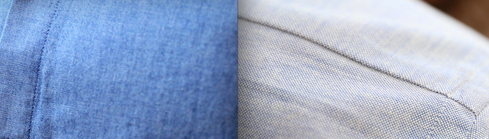 Le chambray italien de notre première chemise (gauche) VS l'oxford japonais de cette collaboration avec Hast (droite).