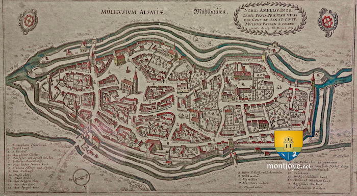 Mulhouse au Moyen-Age, toute encerclée de rivières (notamment l'Ill).