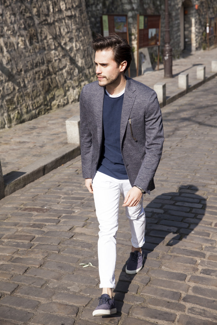 street style slack jacket et pantalon blanc homme