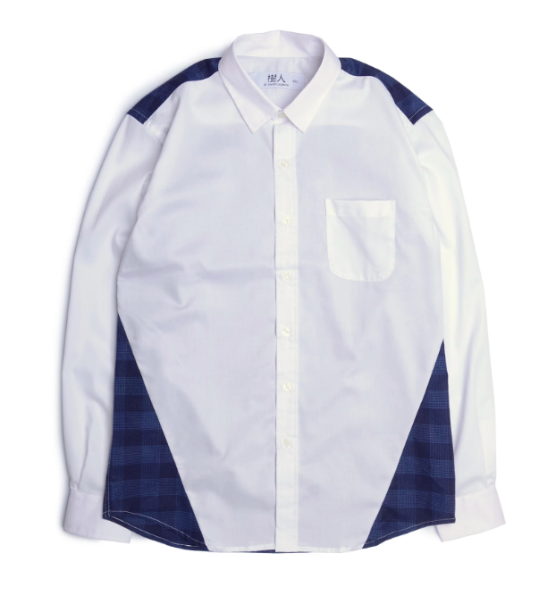 chemise blanc empiecement tartan bleu