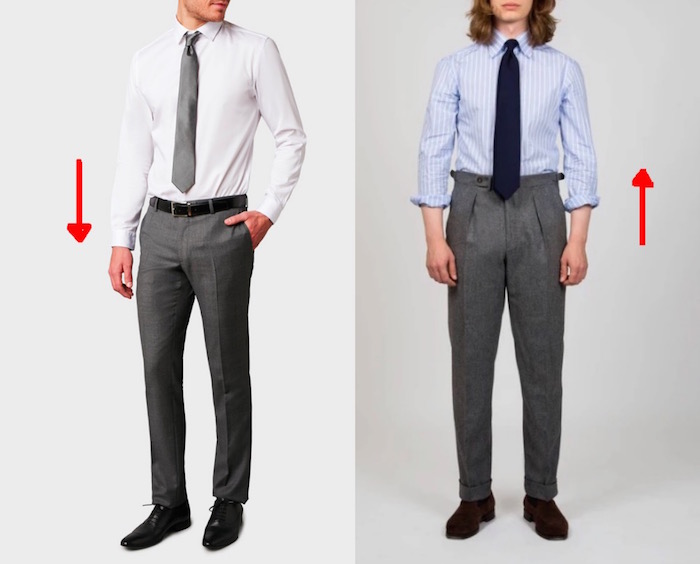 pantalon gris taille haut taille base chemise blanc bleu cravate