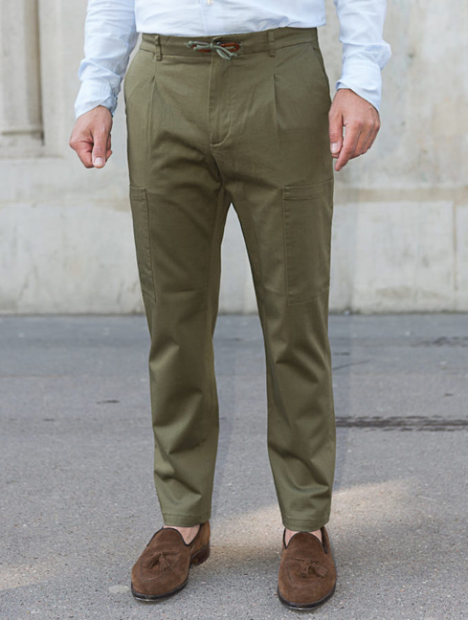 cargo pantalon vert mocassin marron