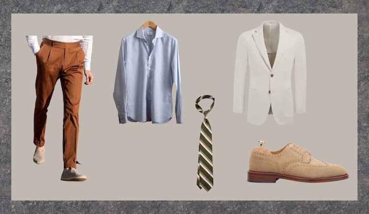 look pantalon rouille chemise bleu cravate vert rayure blazer blanc derby beige