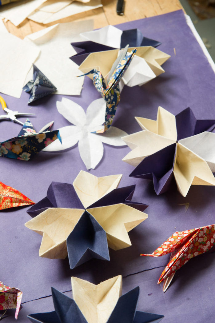 origami fleur jaune violet oiseau 