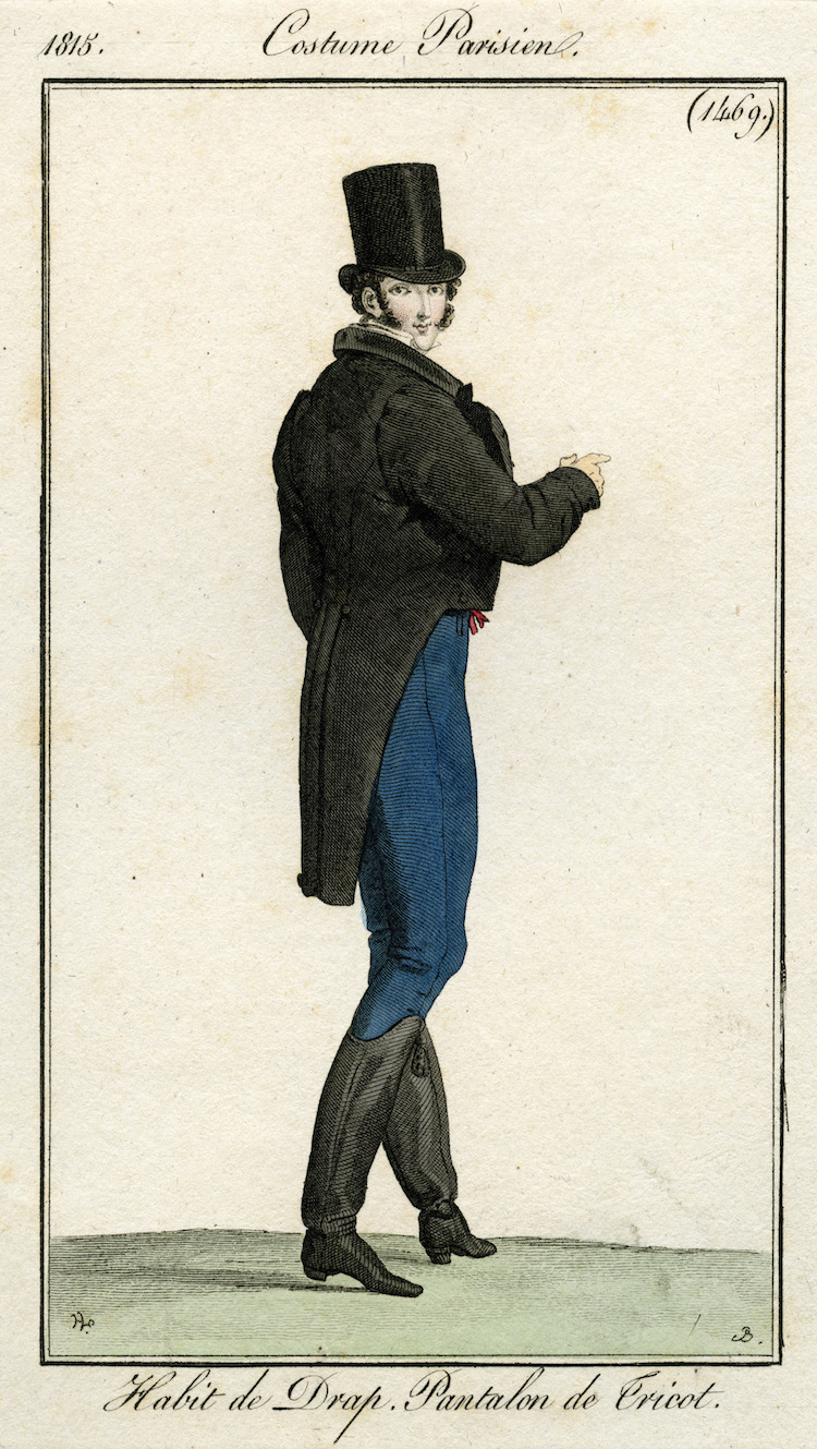 costume parisien 1815 tenue chic pantalon de tricot bleu marine botte marron chapeau haut de forme noir manteau marron