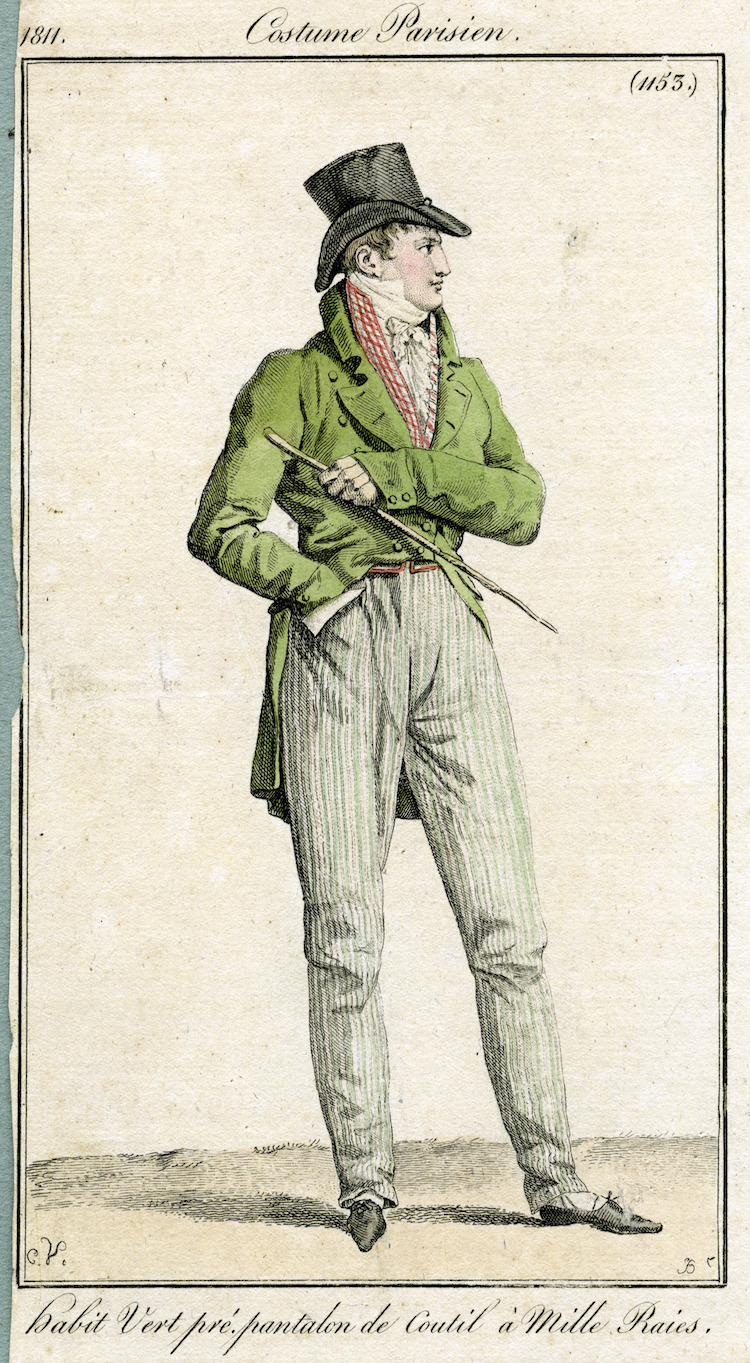 costume parisien pantalon de coutil a mille raies gravure de mode tiree de revue costume 1811